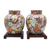 Pr of Chinese Famille Rose Millefleur Lidded Urns.