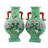 Pair of Chinese Celadon Famille Rose Vases.