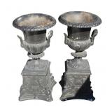 A Vintage Pr Of Enameled Aluminum Urns