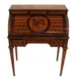 Parquetry Inlaid Leathertop Barrel Front Desk.