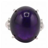 JEWELRY. Platinum Amethyst Cabochon and Diamond