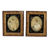 Pair of Antique Silk Embroideries In Eglomise