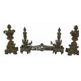 Antique Bronze Andirons, Stretcher & Chenets.
