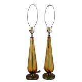 Midcentury Pair of Murano Style Amber Glass Lamps.