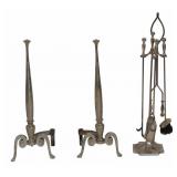 Vintage Metal Andirons and Fire Tools.