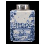 SILVER. English Silver Mounted Delftware Tea Caddy