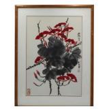 Signed Chinese Painting of Red Flowers.