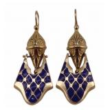 JEWELRY. Pr of 14kt Gold and Blue Enamel Earrings.