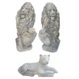 Pair Of Cement Lions And One Jaguar