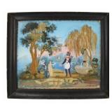 Antique Continental Silk & Watercolor Painting