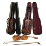 Lot of 3 Violins, 3 Bows & Hardshell Cases.