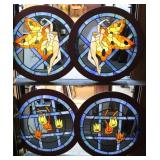 Lot Of 4 Framed Round Leaded Glass Windows.