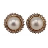 JEWELRY. 14kt Gold Mabe Pearl & Diamond Earrings.