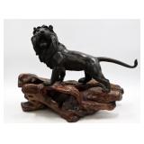 Large Meiji Bronze Lion On Wood Base.