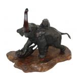 Large Signed Meiji Bronze Elephant On Wood Base.