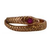 JEWELRY. Signed 14kt Gold and Ruby Snake Ring.