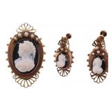 JEWELRY. 14kt Gold Cameo Brooch and Earclips