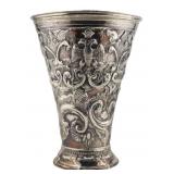 SILVER. Ornate Repousse Silver Vase with Coin.