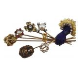 JEWELRY. Gold Diamond Gem and Pearl Stickpin