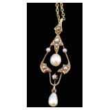 JEWELRY. 14kt Gold, Pearl, and Diamond Pendant.