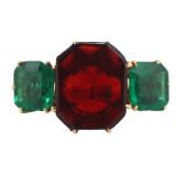JEWELRY. Garnet and Green Gem Gold Ring.