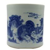 Large Chinese Blue & White Ceramic Brush Pot with