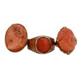 JEWELRY. Collection of (3) Gold and Coral Rings.