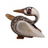 JEWELRY. Swan Diamond Pearl and Ruby Ring.