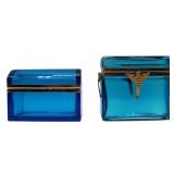 (2) Midcentury Blue Glass Boxes with Metal Mounts.