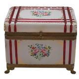Unusual 19th C Bohemian White Opaline Box with Red