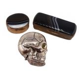 STERLING. Skull Vesta Case and (2) Agate Boxes.