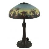 Antique Patinated Metal Lamp with Reverse Painted
