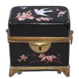 19th C Black Opaline Glass Box with Birds and