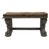 Antique Carved Wood Bench with Cushion.