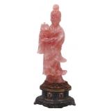 Chinese Carved Rose Quartz Quan Yin on Stand.