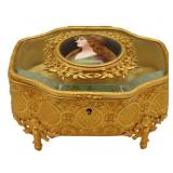Antique Gilt Metal Casket Box with Beauty.