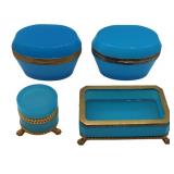 (4) Blue Opaline Boxes of Various Forms and Gilt