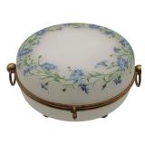 Large Round Opaline Glass Box with Painted Flowers