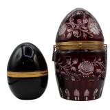 (2) Antique Egg Form Colored Glass Boxes.