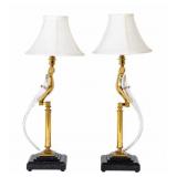 Vintage Pr of Brass & Murano Glass Bird Lamps.