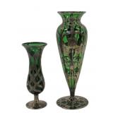 (2) Art Nouveau Silver Overlay Green Glass Vases.
