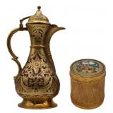 Gilt Metal Ewer and Cylindrical Form Hinged Box.