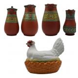 (4) Watcombe Pottery Jugs and (1) Hen and Nest