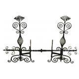 Large Antique Pair of Iron Andirons & Stretcher.