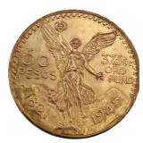 BULLION. 1945 50 Pesos Mexican Gold Coin.