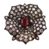 JEWELRY. Antique Ruby and Diamond Floral Brooch.