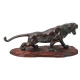 Japanese Meiji Crouching Tiger Bronze on Wood Base