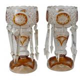 Pr of Antique Amber to Clear Cut Glass Lusters.