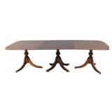 Antique Mahogany Banded Triple Pedestal Table.