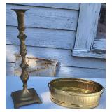 Brass planter & tall candlestick